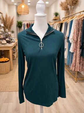 White Birch Ribbed Quarter Zip Top Teal Long Sleeve Stretch NWOT